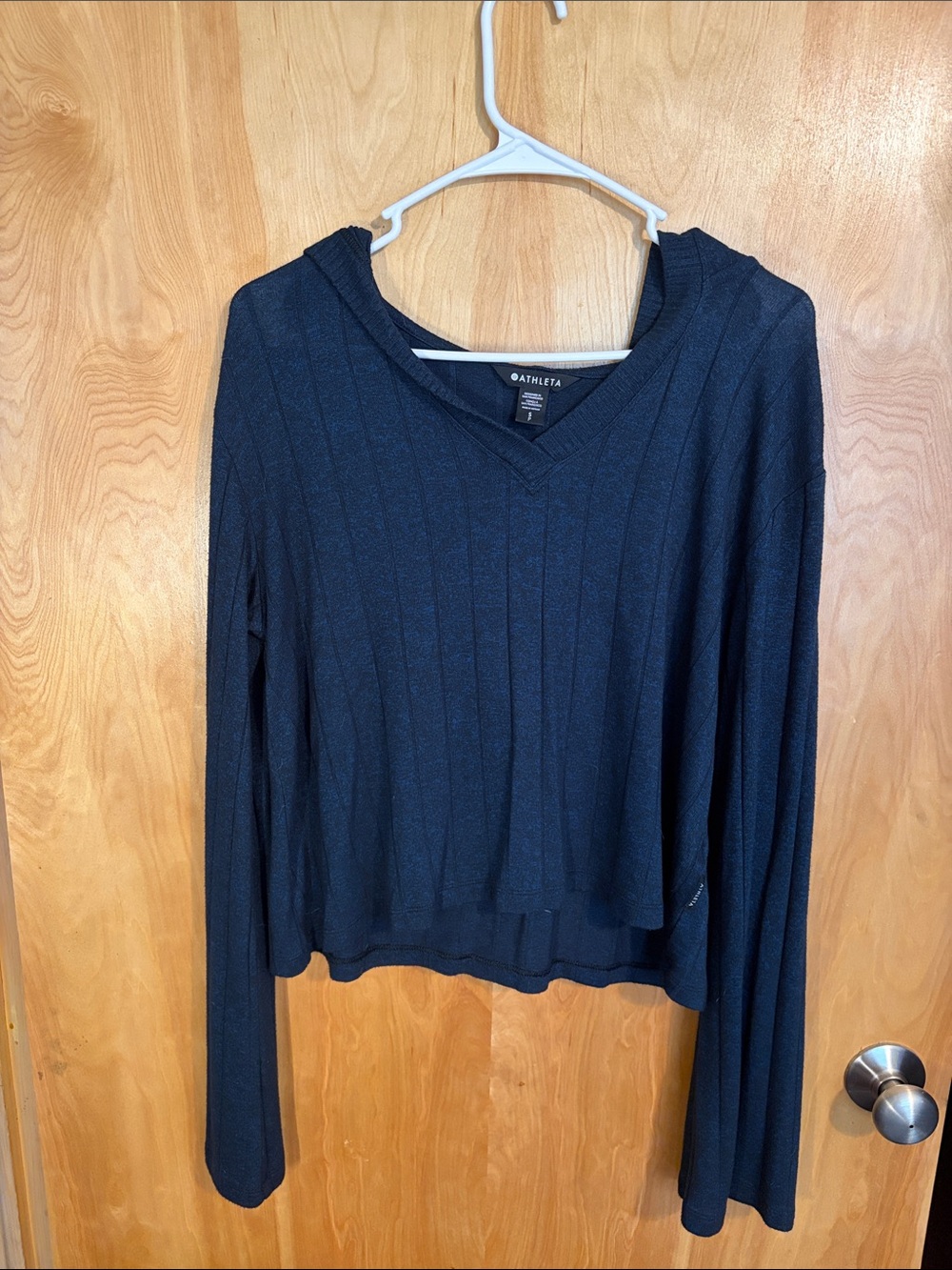 Athleta Navy Ribbed V‑Neck Lightweight Hoodie Pullover